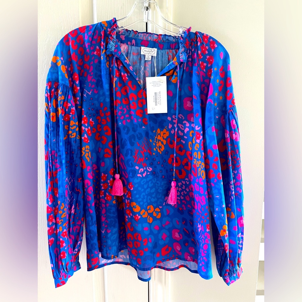 Mud Pie Boutique Blue Flounce Top Peasant Blouse Leopard Print NWT size small